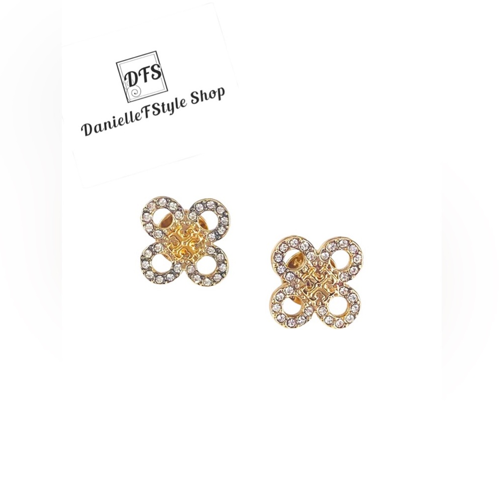 Tory Burch Gold Pave Logo & Clover Stud Earrings with Dust Bag and giftbox